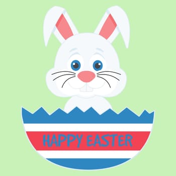 A cute easter bunny inside a egg with the text "Happy Easter".