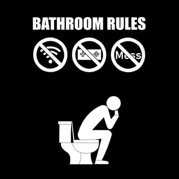 A set of bathroom rules with a person seating on the toilet.