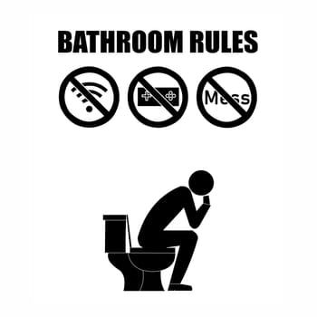 A set of bathroom rules with a person seating on the toilet.