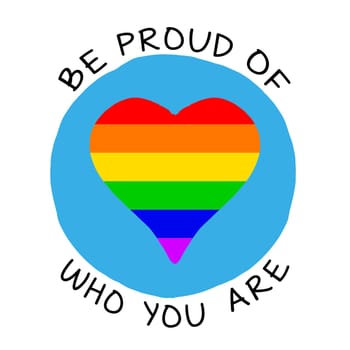 The planet with the LGBT colours in a shape of a love heart and the text "Be proud of who you are".