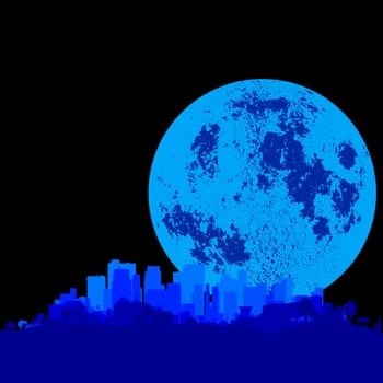 A cityscape with a large full moon glowing in the foreground