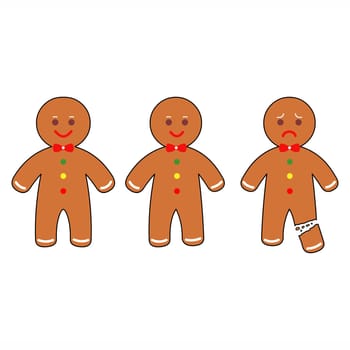 Three Christmas gingerbread men, one with a broken leg.