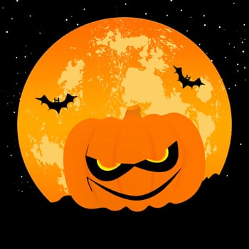 A creepy pumpkin with a orange full moon and flying bats.