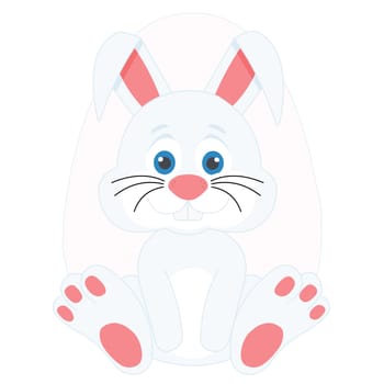 A white easter bunny sitting in front of an egg.