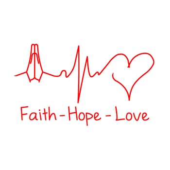 An heartbeat electrocardiogram demonstrating the faith, hope and love symbols with the three texts below.