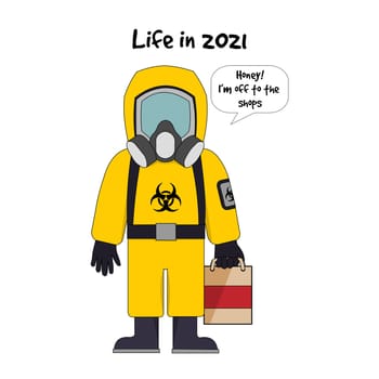 A person holding a carrier bag going to the shops wearing a hazard suit with the text "life in 2021".
