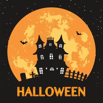 A creepy haunted house with a full moon and text "Halloween".