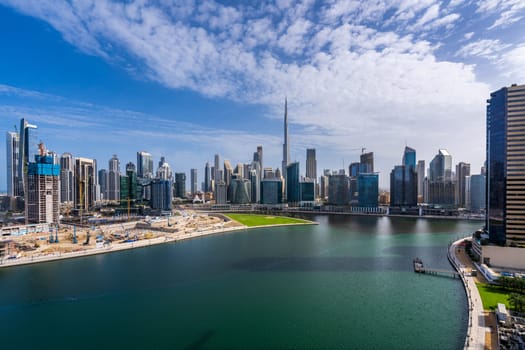 Dubai, UAE - April 1, 2023: Skyline of downtown district from apartment in Business Bay
