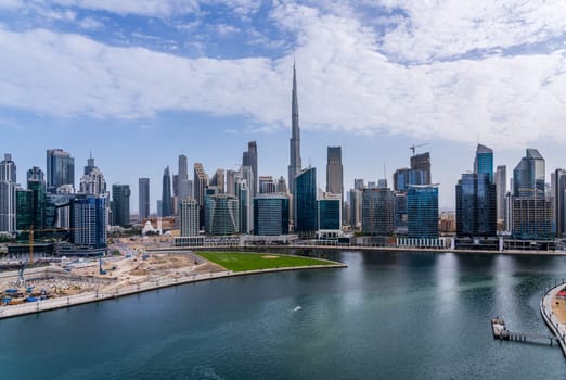 Dubai, UAE - April 1, 2023: Skyline of downtown district from apartment in Business Bay