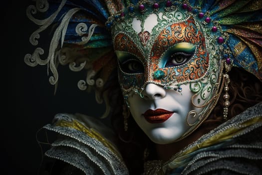 Carnival party festival mask. Colourful mardi gras beads, confetti, feathers. Popular Event in Brazil. Festive Mood.entertainment luxury . Generative AI