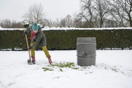 a middle-aged woman is collecting snow in a barrel with a shovel. For further watering plants in a greenhouse, the concept of protecting the environment and conserving natural resources