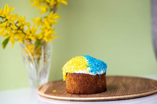 Easter cake with a bow on a yellow, light green background, and yellow spring flowers. Easter food. minimal concept.