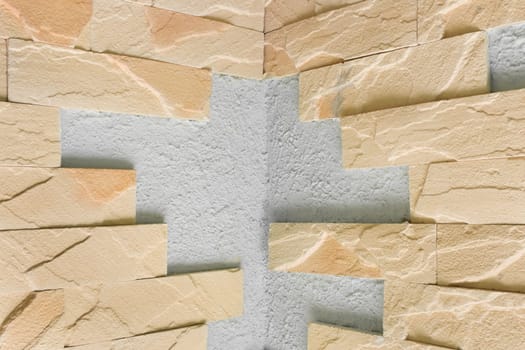 Light brick element fragment abstract interior design wall pattern sand clay color texture facade background.