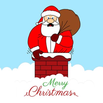 A fat santa stuck in a chimney holding his bag of presents with the text "Merry Christmas".