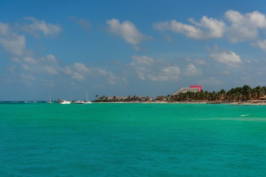 View from the sea to the buildings