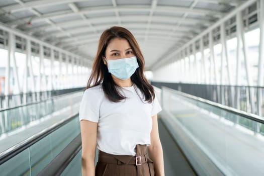 Portrait of a young woman in a medical mask for anti-coronavirus COVID-19 pandemic infectious disease outbreak protection in Public area. Concept of Virus pandemic and pollution (PM2.5)