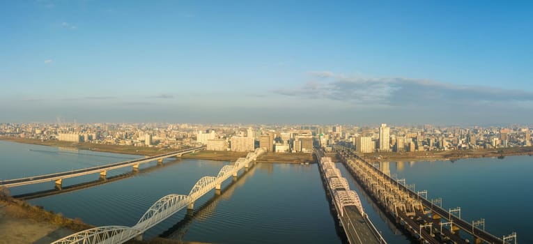 Series of bridges over the Yodo River in central Osaka in early morning. High quality photo