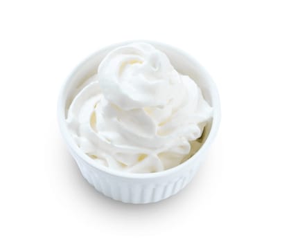 A bowl of whipped cream isolated on white background, Save clipping path.