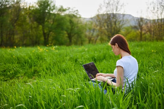 a woman sits at work in a laptop being outdoors in a field. High quality photo
