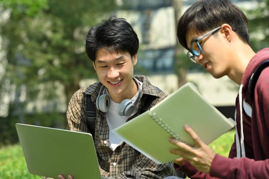 Group of university student discussing their home assignment, using laptop on green grass in campus. Youth lifestyle concept.