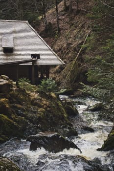 Vertical shot of the Grosjockenmuehle mill in the Ravenna Gorge. Black Forest, Germany