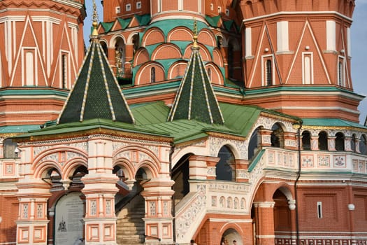 Closeup shot of detailed views of St. Basil's Cathedral in Moscow, Russia