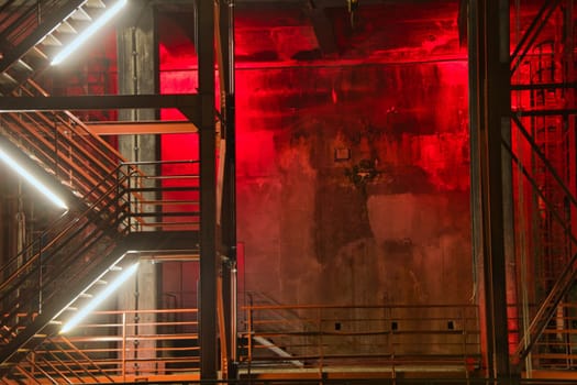 Red illuminated metal staircase at night on the site of the Zollverein colliery in Essen, Germany