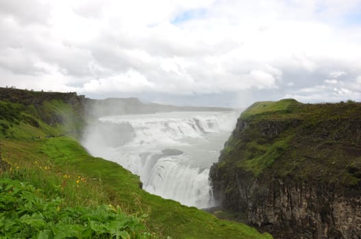 Aerial view of foamy Gullfoss waterfall in the Hvita river in Iceland