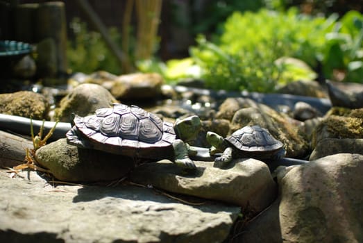 Closeup shot of turtle sculptures, garden decoration in Goslar, Germany