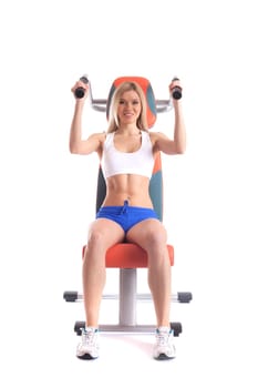 Smiling athlete exercising on isodynamic simulator, isolated over white background