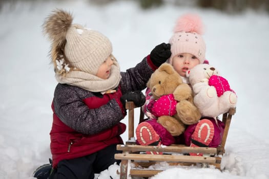 Children ride on a vintage wooden sled against the backdrop of a winter forest. Brother and little sister on a winter walk.