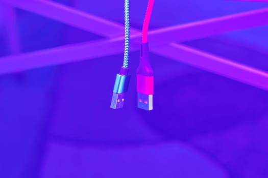 bring together or into contact so that a real or notional link is established. Connect and chat. Connect and chat. Blue and red usb cables on pale purple background