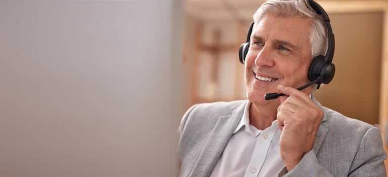 Mature man, happy or call center headset at technology in office sales and customer support, Male agent or consultant in telemarketing, telecom and crm with smile service or help desk communication.