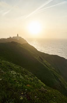 Lighthouse on the westernmost cape of the Eurasian continent Cabo da Roca, Portugal. High quality photo