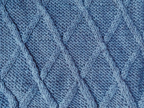 Detail Knitted Blanket. Abstract Wool Textile. Jacquard Warm Background. Knitted Sweater. Blue Cotton Thread. Nordic Winter Cloth. Closeup Plaid Embroidery. Weave Knitted Sweater.