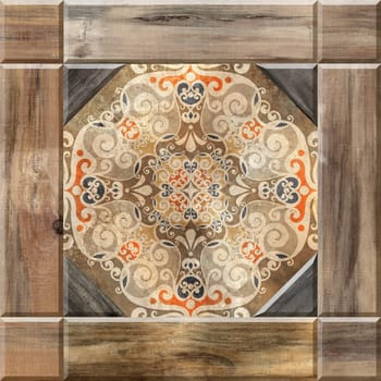 Digital tiles design. 3D rendering Colorful ceramic wall and floor tiles decoration. Abstract damask patchwork pattern with geometric and floral ornaments, Vintage tiles digital design . High quality photo