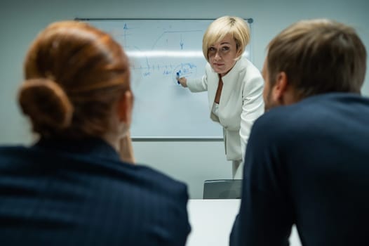 Caucasian woman blonde leads a presentation for colleagues