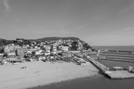 Aerial drone view of Numana town , Conero Mount, Adriatic Sea beach in Le Marche region, Italy , Europa