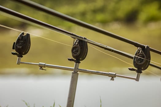 Mardimago, Italy 1 April 2023: Close-up photo of carp fishing sonar equipment set up on the river bank