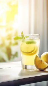 Cool freshly homemade lemonade and lemon. Generative AI.