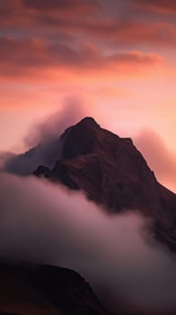 Beautiful top of mountain surrounded by clouds. Generative AI.