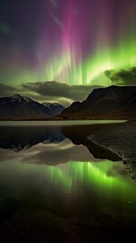 Beautiful Northern Lights above mountain and river. Generative AI.