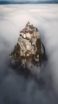 Beautiful Fairytale castle on mountain surrounded by cloud. Generative AI.