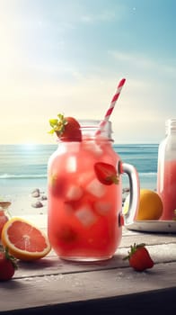 Summer iced cold drink with strawberry and lemon. Generative AI.