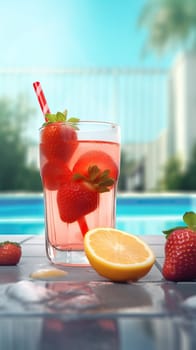 Summer iced cold drink with strawberry and lemon. Generative AI.