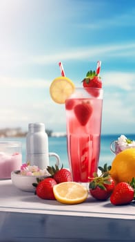 Summer iced cold drink with strawberry and lemon. Generative AI.