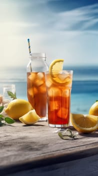 Homemade Iced tea with lemon slices, summer drinks. Generative AI.