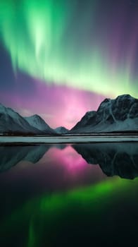 Beautiful Northern Lights above mountain and river. Generative AI.