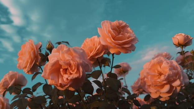 Pink roses against a sky background. Generative AI.