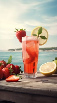 Summer iced cold drink with strawberry and lemon. Generative AI.